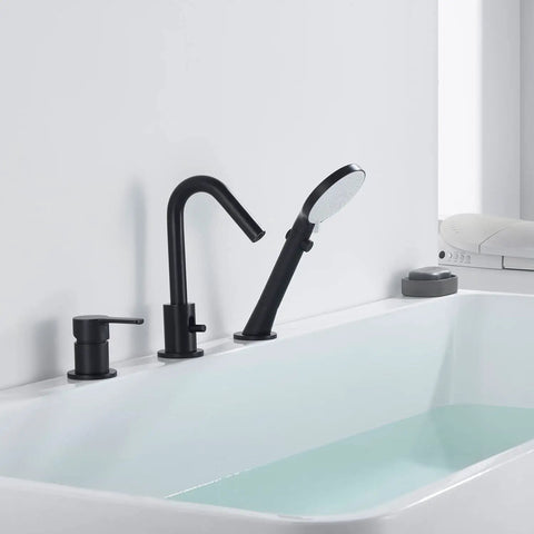 Black Roman Tub Faucet Set With Hand Shower 3 Hole Deck Mount Bath Fixture Spout Diverter Pull Out Sprayer CUPC Certified Lead Free Materials Modern Black Finish installed on a white bathtub.