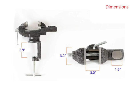 Dimensions of Portable Clamp On Table Vise With 360 Degree Rotation, Heavy Duty Bench Vise For Workbench Or Desktop, 3.2 Inch Jaw Opening, Edge Clamp Up To 2.9 Inch Thick, Perfect For DIY Woodworking And Metalworking Projects, cast steel