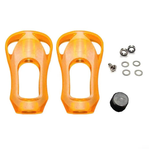 Upgrade Your Baitcast Reels With These Kickass Acrylic Handle Knobs Featuring Super Smooth Ball Bearings And A Lightweight Design For That Next-Gen Fishing Adventure You Been Waiting For. two orange acrylic reel knobs with bearings, screw and gaskets