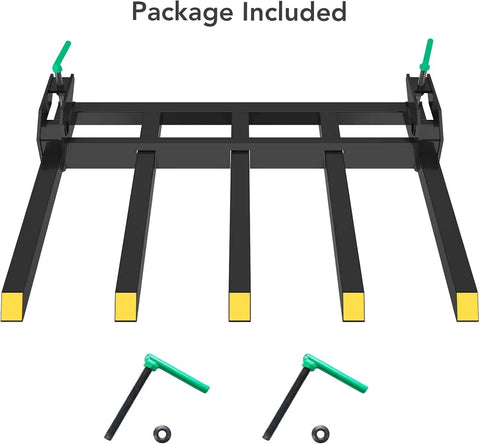 Package included heavy duty 48 inch clamp on pallet forks for tractor bucket debris forks for skid steer and front end loader