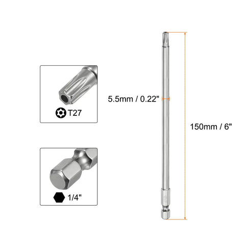Tough As Nails T27 Security Torx Bit Set 6 Inch Long S2 Steel with 1/4 Hex Shank for heavy duty tasks.