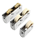 Smooth As Silk Heavy Duty Balcony Sliding Door Pulley With Double Nylon Wheels And Aluminum Alloy Construction showing three sizes of pulleys.