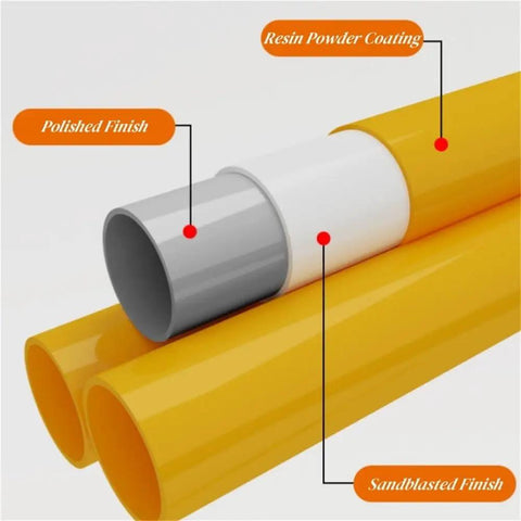Close-up of thickened reinforced pipes with resin powder coating, polished finish, and sandblasted finish for driveway guard.