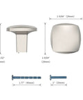 Six Pack Brushed Satin Nickel Cabinet Knobs Zinc Alloy Kitchen Hardware Smooth As Silk Finish showing dimensions and screws.