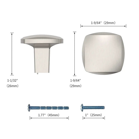 Six Pack Brushed Satin Nickel Cabinet Knobs Zinc Alloy Kitchen Hardware Smooth As Silk Finish showing dimensions and screws.