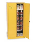 Solid 96 Gallon Paint And Ink Safety Storage Cabinet Featuring Five Heavy Duty Adjustable Shelves And Double Manual Doors For Hella Robust Chemical Storage Real Deal Usa Made Setup In Bright Yellow with sealed paint cans inside.