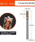 Carbide square end mill bit, 5/32 in (4 mm), 4-flute, AlTiN-coated for alloy and hardened steels.