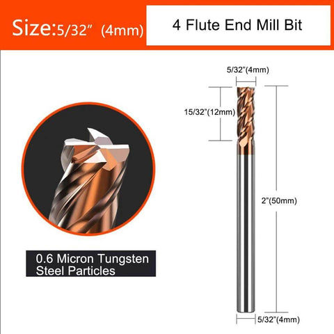Carbide square end mill bit, 5/32 in (4 mm), 4-flute, AlTiN-coated for alloy and hardened steels.