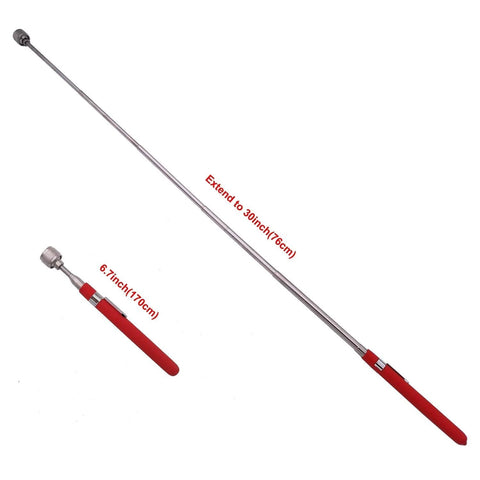 Telescopic magnetic pickup tool with 10lb magnet extended to 30 inches, metal shaft and red pocket-clip handle