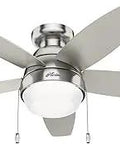 44 Inch Indoor Ceiling Fan With LED Light, low profile flush mount, 5 blades, pull chain, brushed nickel, ideal for bedroom, kitchen