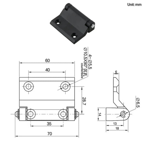 Heavy Duty Black Zinc Alloy Cabinet Hinge with technical drawing showing dimensions for doors and cabinets, easy install
