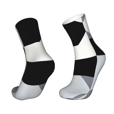 Unisex Black And White Piano Grid Thermal Crew Socks For Cold Snap Days and breathable moisture wicking winter footwear in black and white.