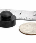Built Like A Tank SBR Rubber Vacuum Pump Feet Push In Mount with ruler and coin for scale demonstrating size.