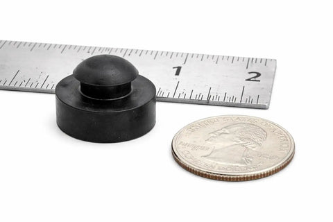 Built Like A Tank SBR Rubber Vacuum Pump Feet Push In Mount with ruler and coin for scale demonstrating size.