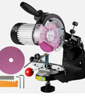 Heavy Duty Electric Chainsaw Bench Grinder With Dual Grinding Wheels Multi Angle Precision Sharpener, aluminum build, accessories included.