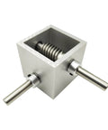 Angled front view of PGFUN 5:1 right-angle worm gearbox with square aluminum housing and 8 mm shafts