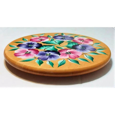 14 Inch Vintage Painted Floral Light Wood Lazy Susan Turntable Centerpiece For Kitchen And Dining Table, Easy 360 Degree Spin