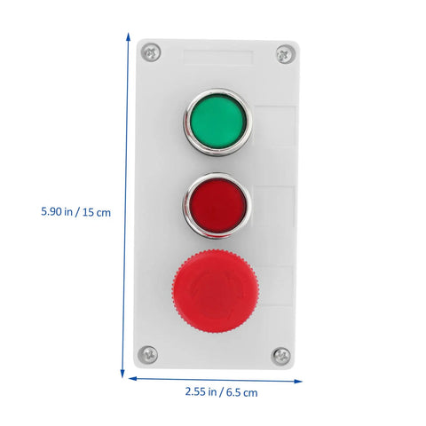 Stop Box Electrical Switch Enclosure for Industrial Use with easy installation, measures 5.90 in x 2.55 in, green and red buttons visible.