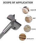 Side view of gray 90mm Forstner drill bit, tungsten carbide, woodworking hinge hole boring bit.