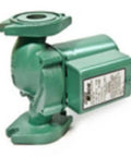 Heavy Duty Cast Iron Water Circulator Pump Fractional Horsepower For Quiet Hydronic Heat Straight Shooter Reliability With Swap In Cartridge And Bolt Down Flange Mount Rig, green, side view.