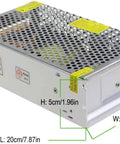 24V 10A Regulated Power Supply Adapter 240W Switching Converter With 110V 220V AC To DC Output Plug And Play Ready Three Channel Output For LED Strip CCTV Camera Security System Overload And Short Circuit Protection, side view of metal case with perforations and dimensions.