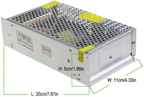 24V 10A Regulated Power Supply Adapter 240W Switching Converter With 110V 220V AC To DC Output Plug And Play Ready Three Channel Output For LED Strip CCTV Camera Security System Overload And Short Circuit Protection, side view of metal case with perforations and dimensions.