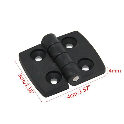 Close-up of Set Of 10 Black Plastic Door Hinges For Cabinets And Drawers With Bearing Butt Design, showing dimensions.
