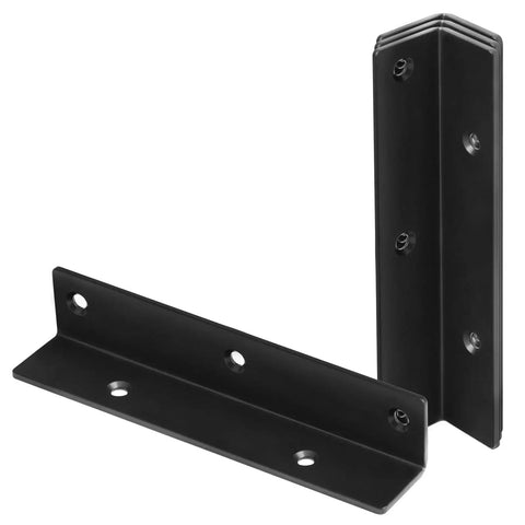 Solid As A Rock 4 Pack Corner Braces 7 Inch L Angle Stringer Hanger Bracket showing black steel brackets with pre drilled holes.