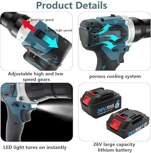 Boss Level Cordless Electric Rivet Nut Gun Automatic Blind Riveter For M3 To M12 Hardware showing adjustable speed gears and battery.