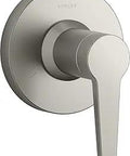 Pitch Transfer Valve Trim With ADA Faceplate And Metal Level Handle For Mastershower Systems One Handle Control To Two Or Three Outlets Compatible With K-728 Series Valves; Vibrant Brushed Nickel finish; side view.