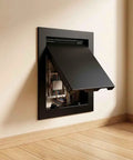 Straight Up Heavy Duty Metal Access Panel For Drywall Plumbing Repair Wall Cover Plate Push To Open Inspection Hatch No Sweat Home Reno Upgrade White 12X22 In. black access panel mounted in the wall with plumbing lines visible.