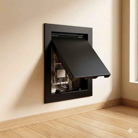 Straight Up Heavy Duty Metal Access Panel For Drywall Plumbing Repair Wall Cover Plate Push To Open Inspection Hatch No Sweat Home Reno Upgrade White 12X22 In. black access panel mounted in the wall with plumbing lines visible.