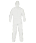 Reflex Liquid And Particle Protection Coveralls Workhorse with respirator fit hood, white, back view, elastic wrists/ankles, size M.