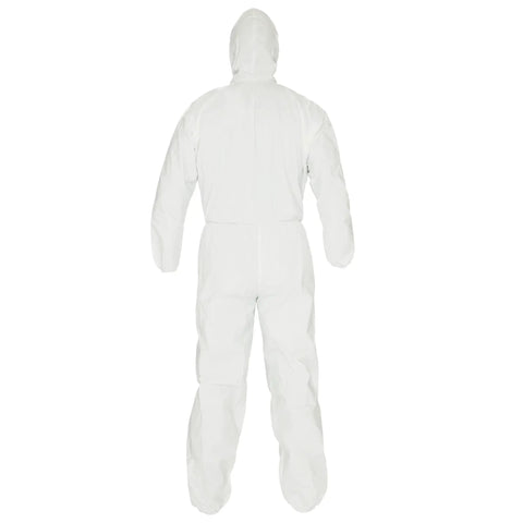 Reflex Liquid And Particle Protection Coveralls Workhorse with respirator fit hood, white, back view, elastic wrists/ankles, size M.
