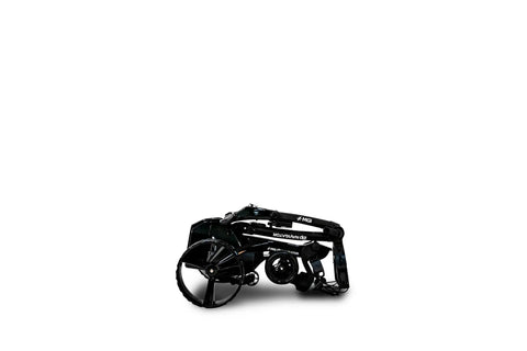 All Terrain Remote Controlled Electric Golf Caddy With Quick Zip Fold Setup viewed from side, compact design, dual wheels for smooth movement.