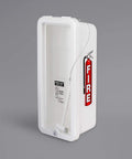 White 5 Pack Surface Mounted Fire Extinguisher Cabinet With Hammer Attachment And Weatherproof Cover, heavy-duty construction with lockable lid.
