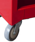 Bottom corner view of Rolling Garage Workshop Tool Organizer With Detachable Four Drawer Chest showing wheel and red steel finish