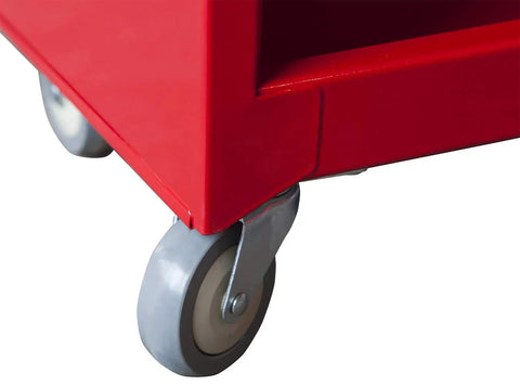 Bottom corner view of Rolling Garage Workshop Tool Organizer With Detachable Four Drawer Chest showing wheel and red steel finish