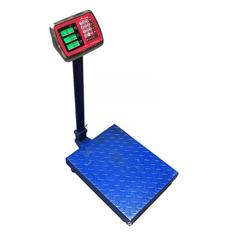 Heavy Duty Foldable Digital Floor Scale Delivering Straight Shooter Accuracy HD LCD Display And No Hassle Rechargeable Power For Luggage And Parcel Weighing Up To Six Sixty Pounds on a blue diamond plate base.