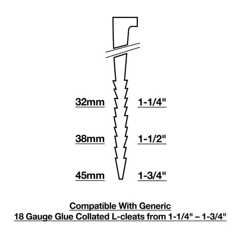 Diagram of 18 Gauge Pneumatic Flooring Nailer nails showing dimensions and compatibility with L-cleats for tongue and groove installation.