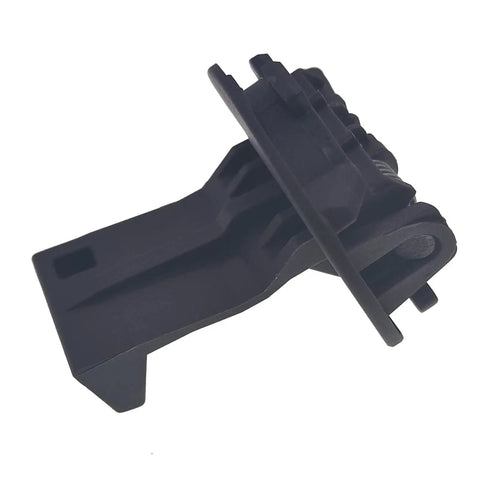 Side view of Washer Lid Strike Replacement W11457841, heavy duty lock component for top load washers in dark gray color.