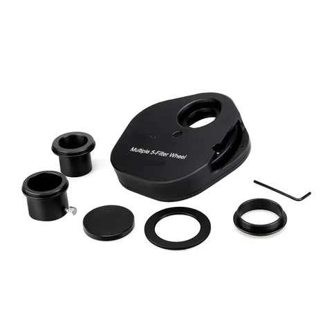 Pro Grade Telescope Filter Wheel All Metal Five Position Quick Swap For 1.25 Inch And 2 Inch Filters with accessories on white background