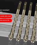 Front view of four golden hardened-alloy drill bits with 4-flute cores for concrete, brick and tile drilling