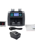 Plug And Play Hustle Grade Money Counter With Smart Counterfeit Detector and Smooth Mix Value Sorting For Eight To Twelve Global Bills, showing unit with display and accessories.