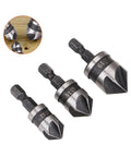 SOCOJE 3-piece countersink drill bit set with 1/4-in hex shanks; sizes 12mm, 16mm, 19mm.
