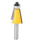 Fabater 8mm Chamfer Router Bit with Bearing, Perfect For Woodworking Bevel Edging Milling Cutter On MDF Solid Wood And Particleboard At 15 Degree Angle With YG6 Alloy Trimming Tool, featuring a yellow and silver design.