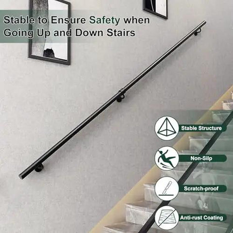 Solid As A Rock Metal Stair Banister Handrail Adjustable Wall Mounted Safety Railing For Indoor Outdoor Steps Tub Grab Bar Heavy Duty Square Tube Steel Built Tough No Fuss Setup For Home Security on staircase.