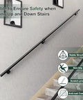 Wall Mounted Stair Railing Adjustable Wrought Iron Banister Non Slip Grab Bar Heavy Duty Metal Handrail for indoor outdoor steps, side view on staircase.