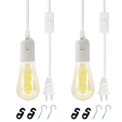 Plug In Pendant Light Kit With 9.8 Ft Cord And On Off Switch Retro Industrial Hanging Lights E26 E27 Socket For Living Room And Bedroom White 2 Pack In Your Home, showing two lights with cords, switches, and hooks.