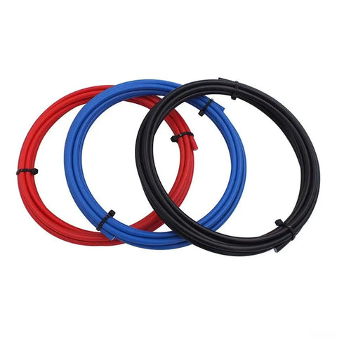 Red nylon Pro Grade Mountain Bike Hydraulic Brake Hose 5mm OD 2mm ID for disc brakes displayed with blue and black hoses